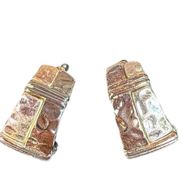 Two Toned Hammered Earrings New Silver and Rose Gold Toned - Picture 1 of 2
